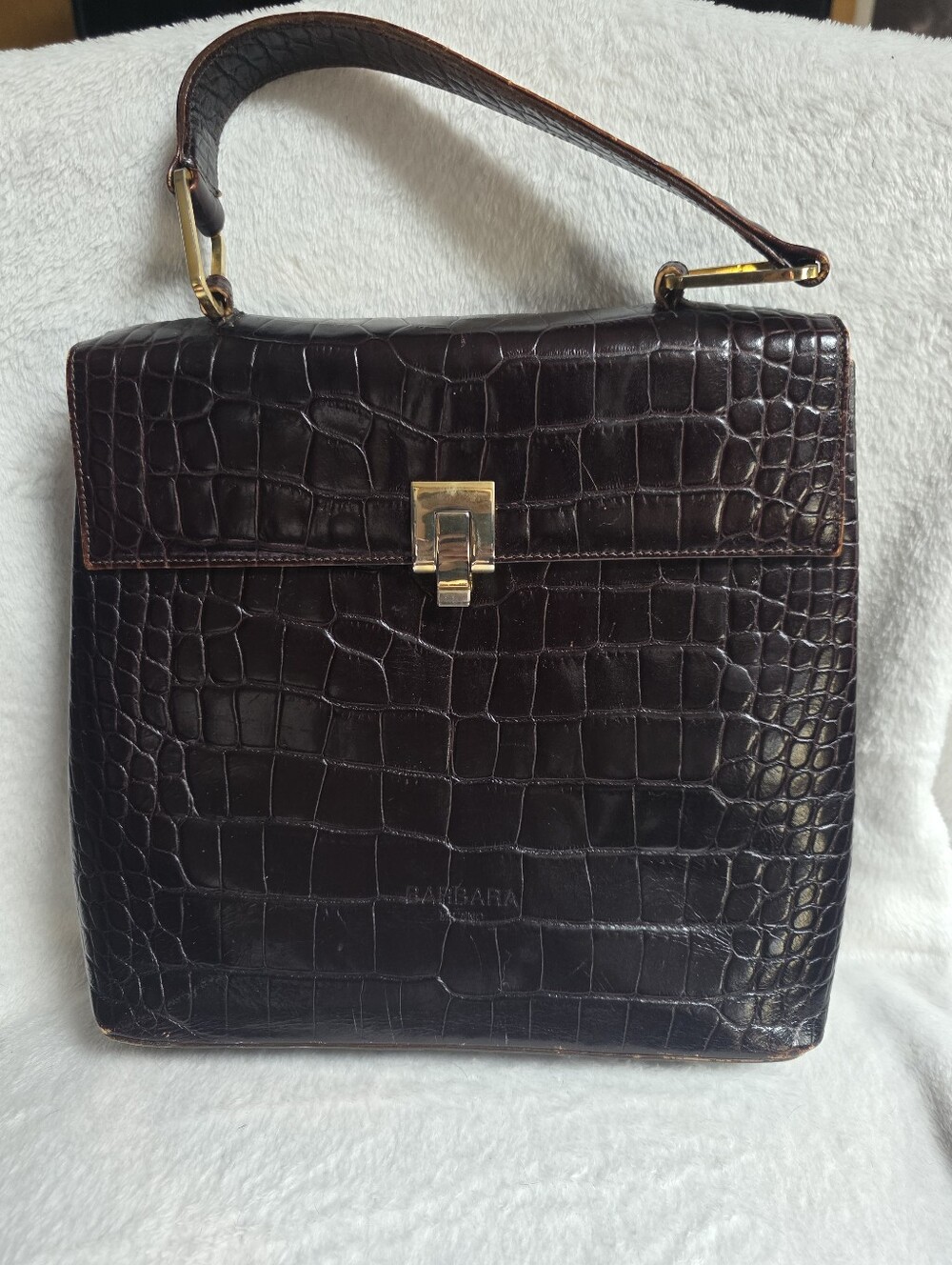 Barbara Milano Dark Brown Vintage Croc-Embossed Leather Handvag- Genuine Leathee